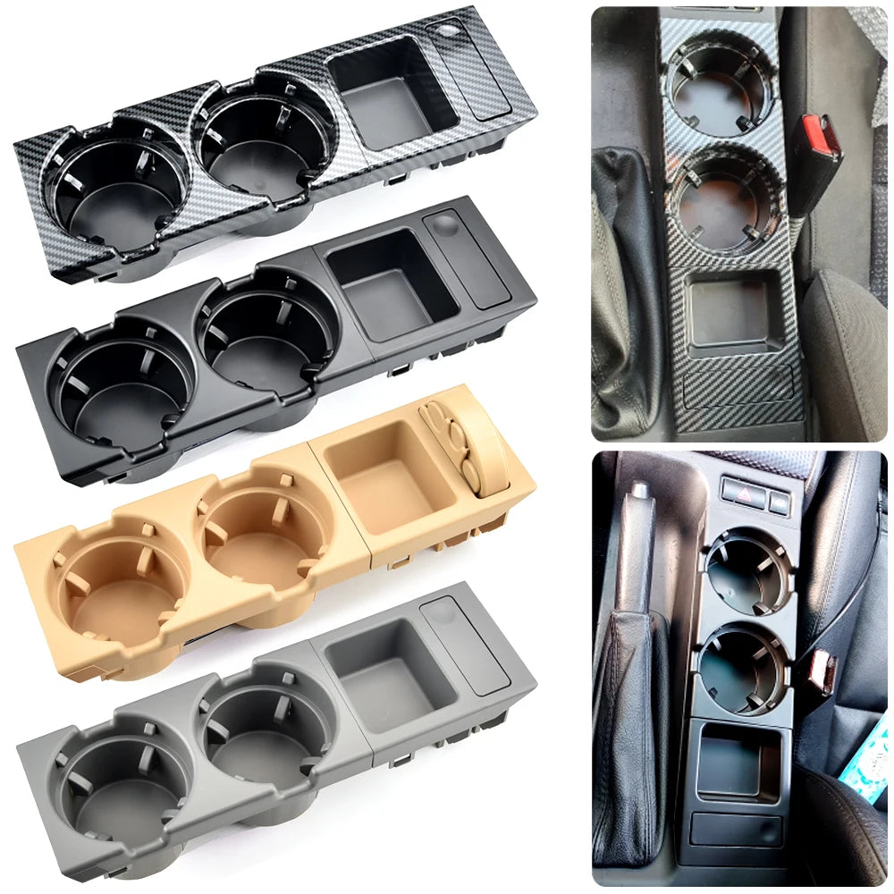 Différentes versions de boîte de rangement avec porte-gobelet double pour BMW Série 3 E46 avec aperçu des finitions et du montage