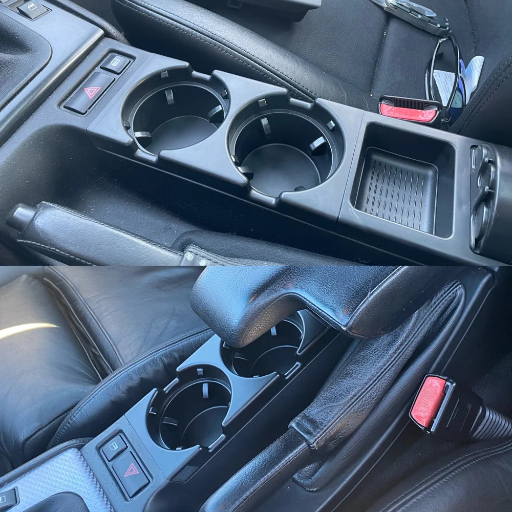 Boîte de rangement de console centrale avec porte-gobelet double installée dans une BMW Série 3 E46 vue depuis l’habitacle