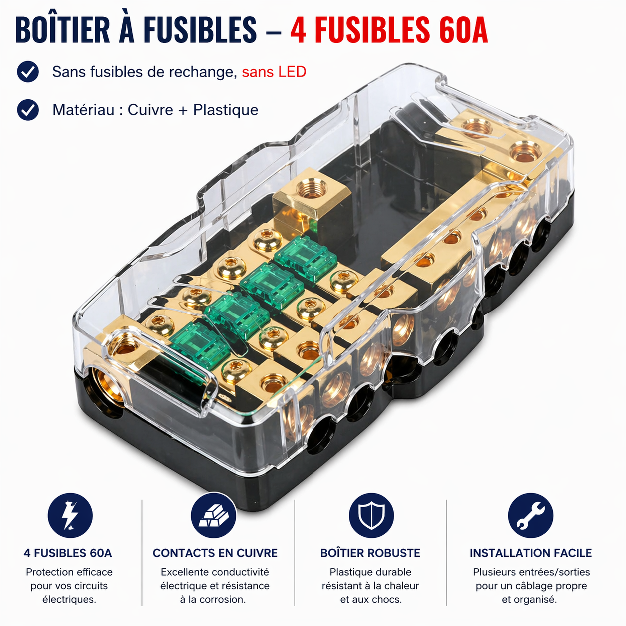 Boîtier porte-fusibles universel 12V / 24V avec 4 fusibles 60A et couvercle transparent