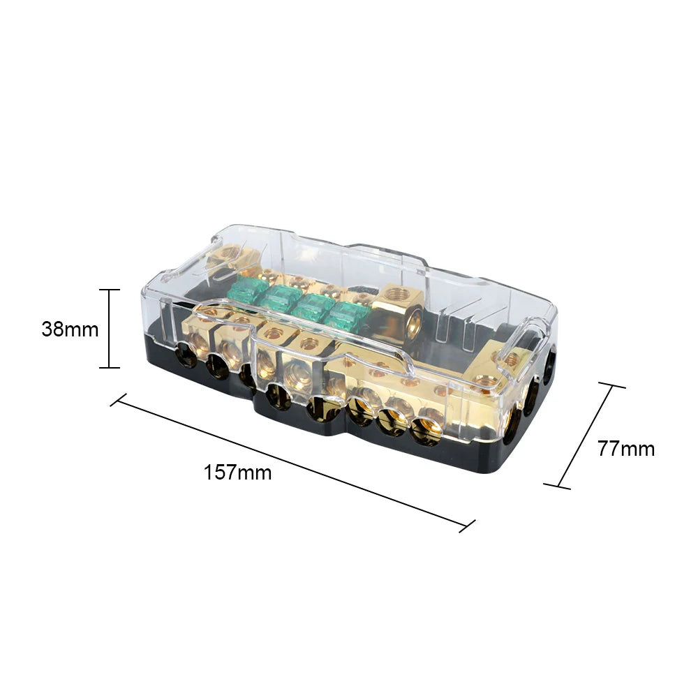 Dimensions du boîtier porte-fusibles universel 12V / 24V à 2 entrées et 4 sorties
