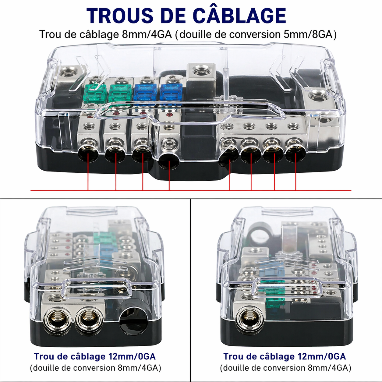Détail des trous de câblage du boîtier porte-fusibles universel 12V / 24V
