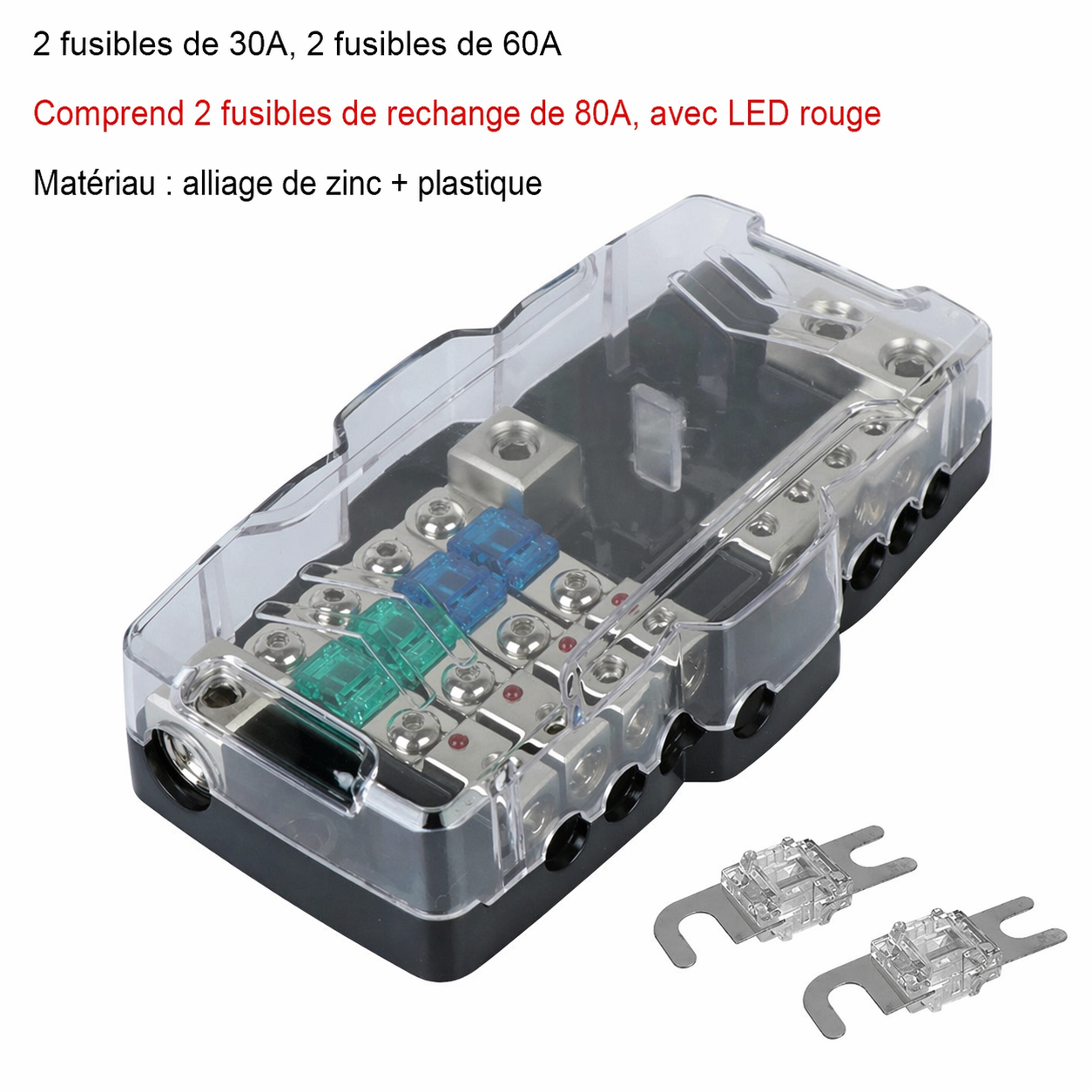Boîtier porte-fusibles universel 12V avec 2 fusibles 60A 2 fusible 30A et deux 80A