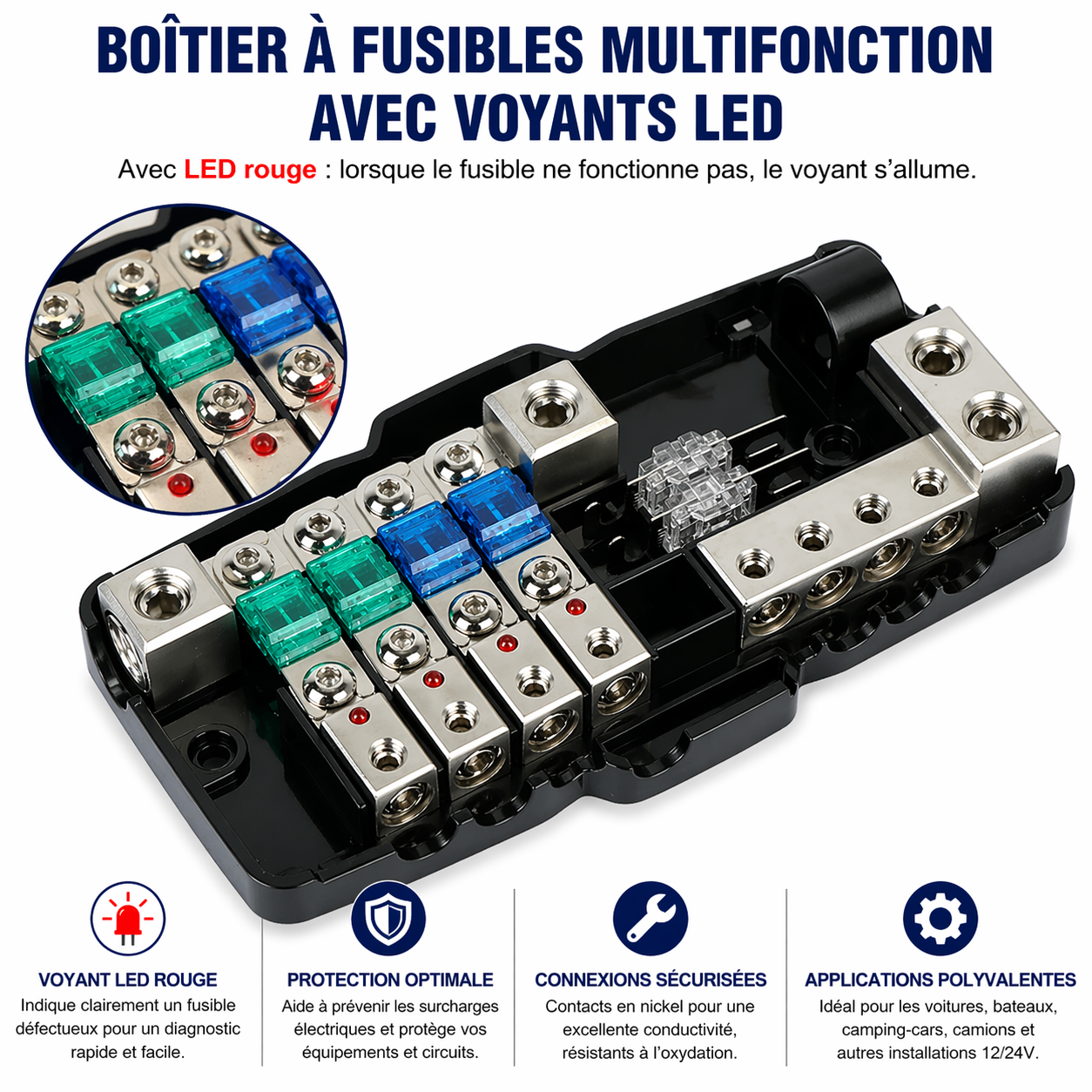 Présentation du boîtier porte-fusibles multifonction 12V / 24V avec 4 sorties led