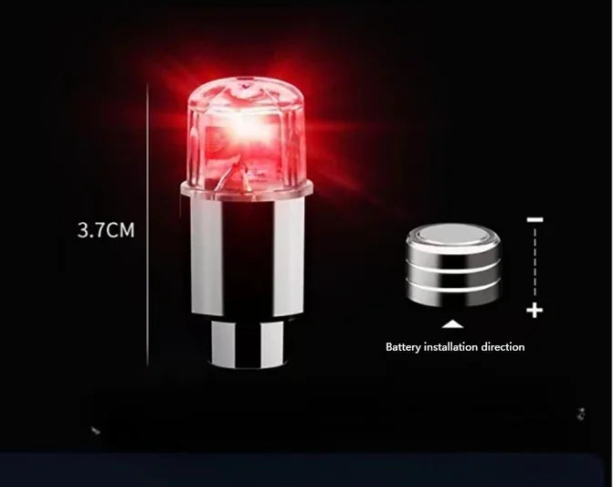Bouchon de valve LED lumineux rouge avec dimensions du produit affichées sur fond noir