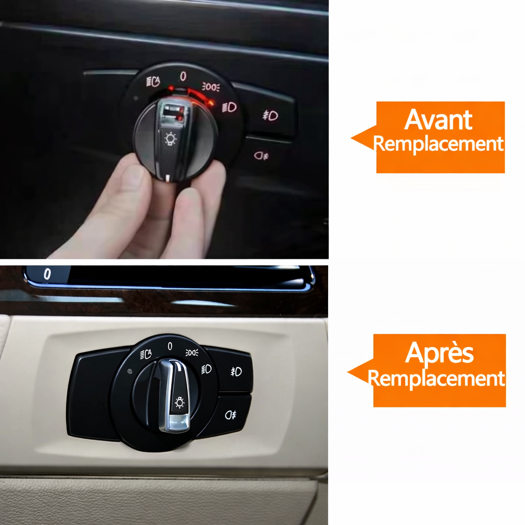 Comparaison avant après du bouton de commande des phares BMW une fois remplacé