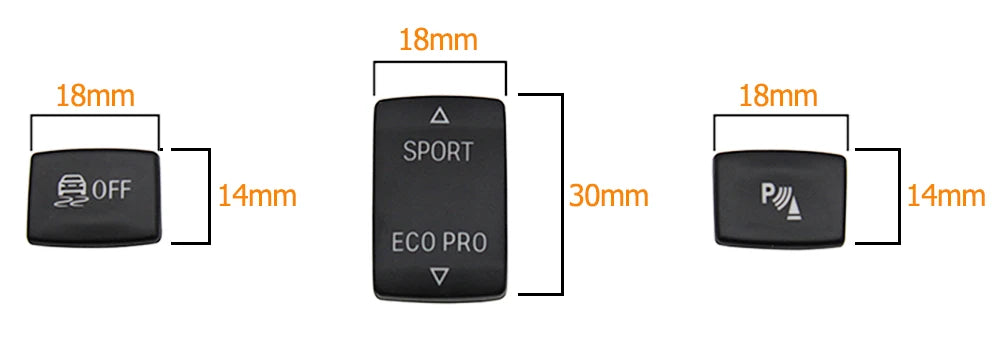 Dimensions des boutons BMW Sport, OFF et radar de stationnement