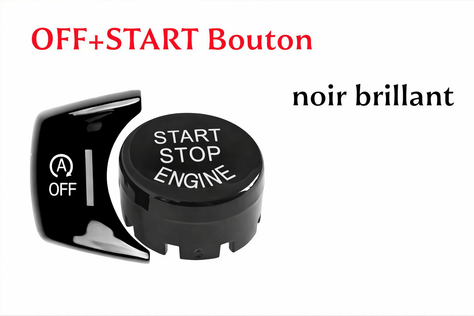 Kit bouton Start Stop et OFF BMW en noir brillant présenté sur fond blanc