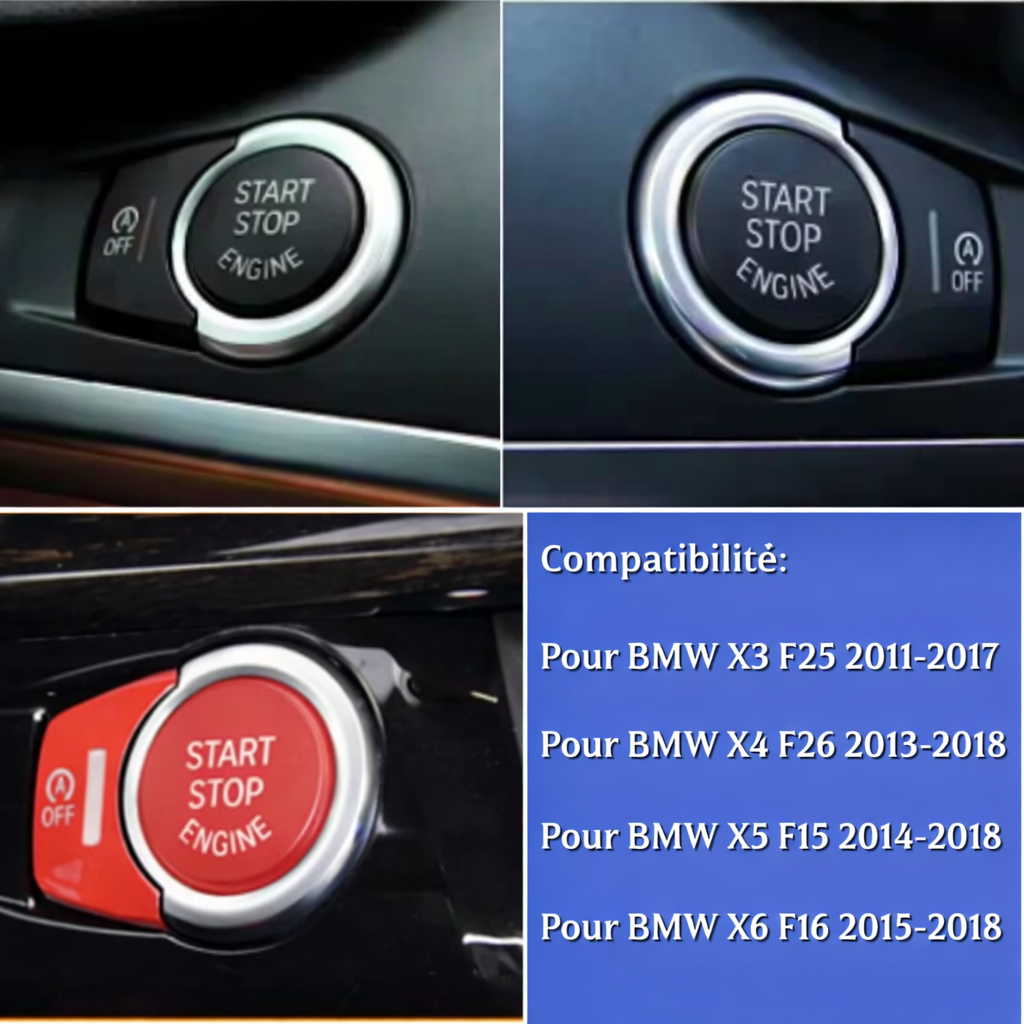 Bouton Start Stop et bouton OFF BMW avec aperçu du rendu monté et compatibilités Bouton Start Stop et bouton OFF BMW avec aperçu du rendu monté et compatibilités