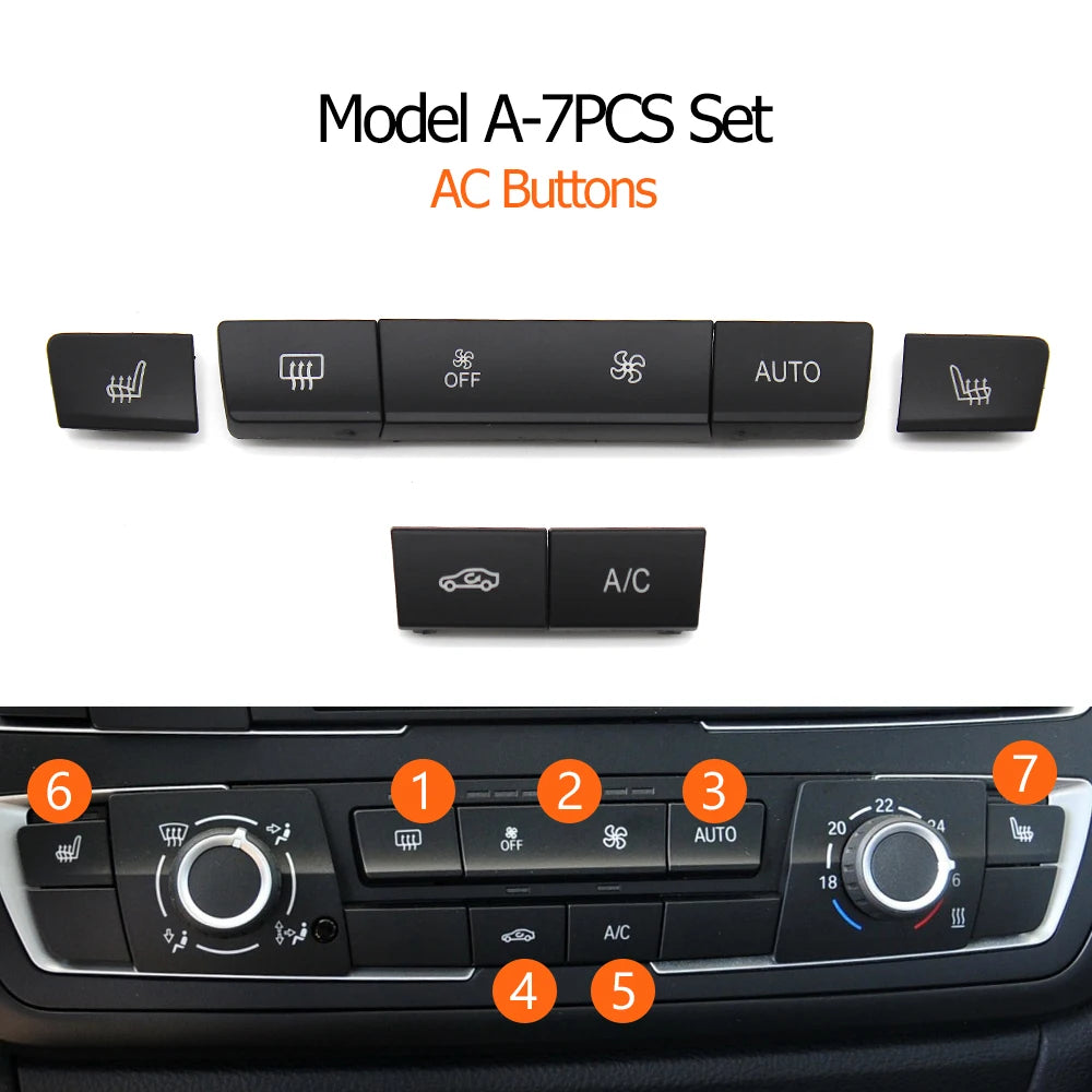 Set de 7 boutons de climatisation BMW modèle A avec repères de montage visibles Set de 7 boutons de climatisation BMW modèle A avec repères de montage visibles