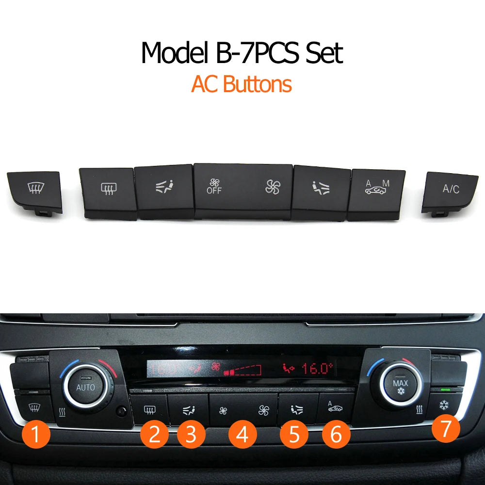 Set de 7 boutons de climatisation BMW modèle B avec aperçu du panneau monté Set de 7 boutons de climatisation BMW modèle B avec aperçu du panneau monté