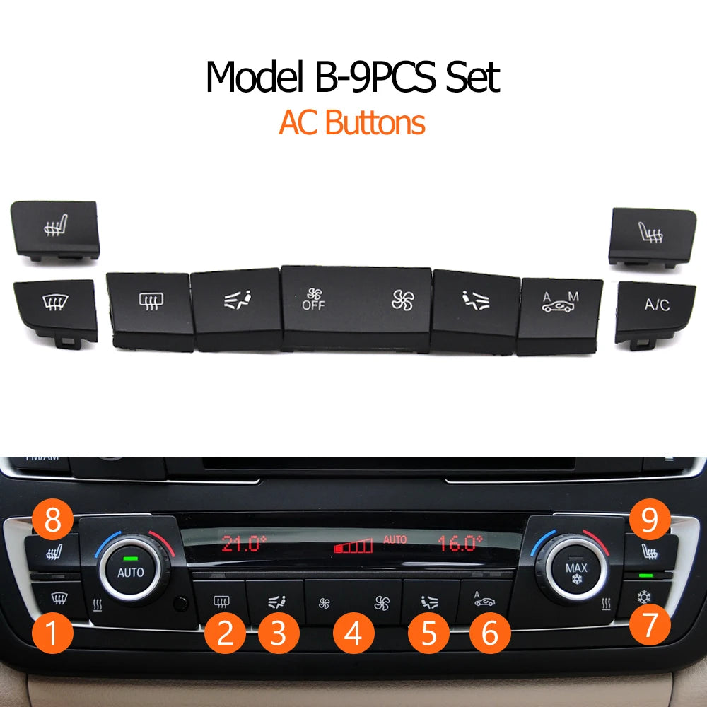 Set de 9 boutons de climatisation BMW modèle B avec aperçu du panneau monté Set de 9 boutons de climatisation BMW modèle B avec aperçu du panneau monté