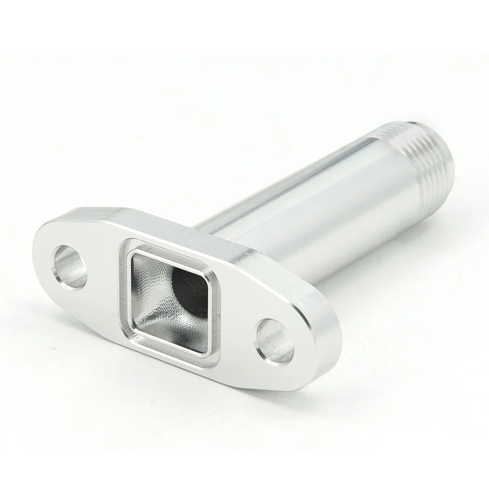 Vue anglée de la bride longue de retour d’huile turbo AN10 en aluminium