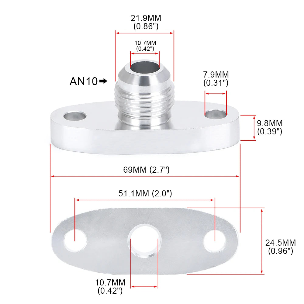 Dimensions de la bride de retour d’huile turbo AN10 mâle en aluminium