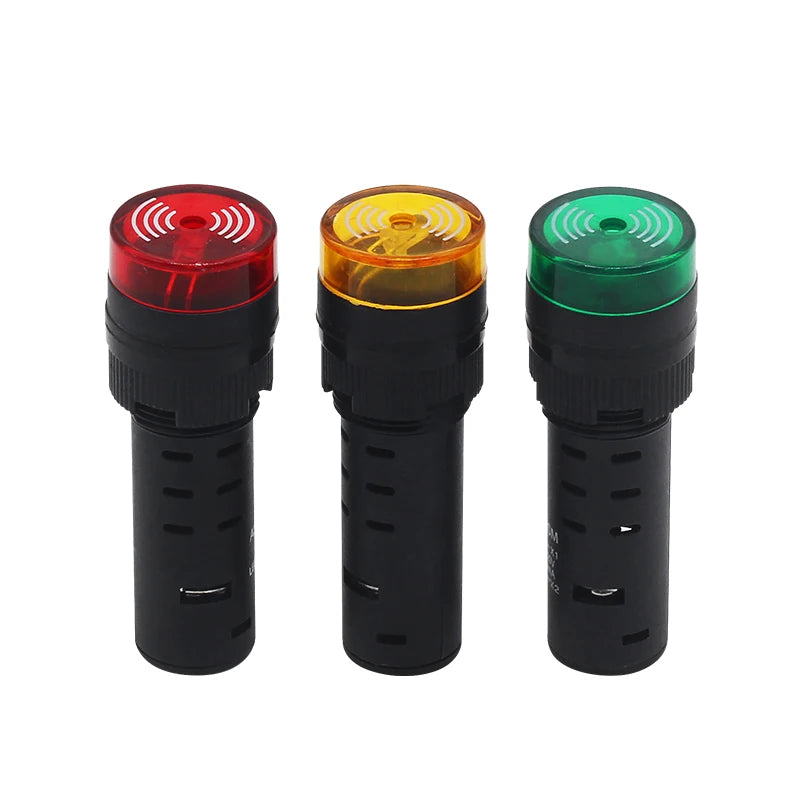 Buzzer lumineux universel 12V rouge orange et vert présenté sur fond blanc