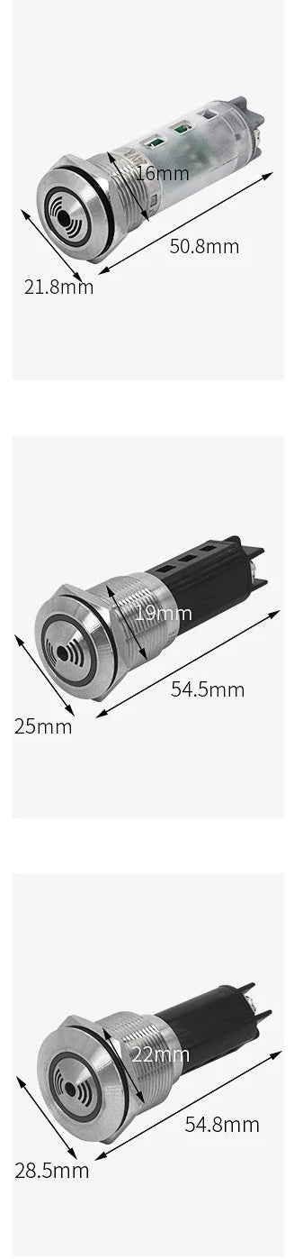 Corps métallique du buzzer lumineux universel 12V avec différentes vues du boîtier
