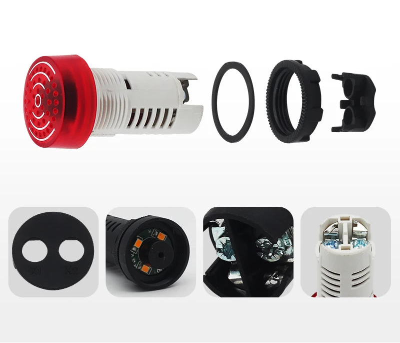 Vue éclatée du buzzer lumineux universel 12V avec pièces et éléments de montage