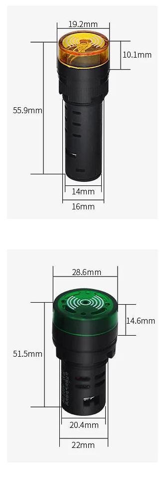 Dimensions du buzzer lumineux universel 12V en versions orange et verte