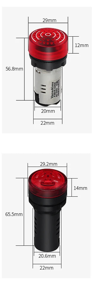 Dimensions du buzzer lumineux universel 12V en version rouge