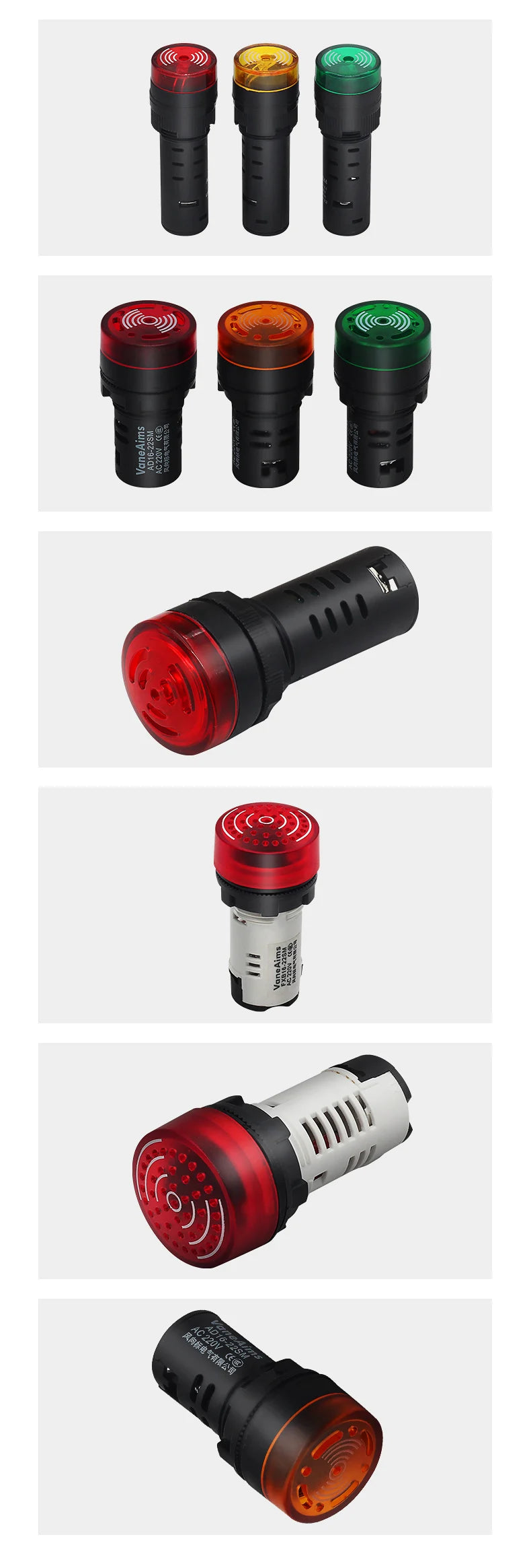 Galerie des différents buzzers lumineux universels 12V en plusieurs formats et couleur