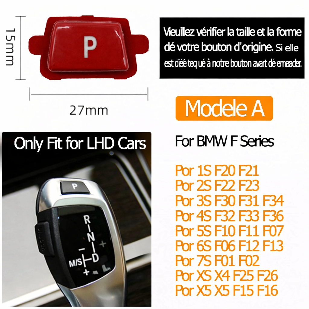 Bouton P de frein de parking BMW Série 1 2 3 4 5 6 7 X3 X4 X5 X6 noir, rouge, bleu ou argent
