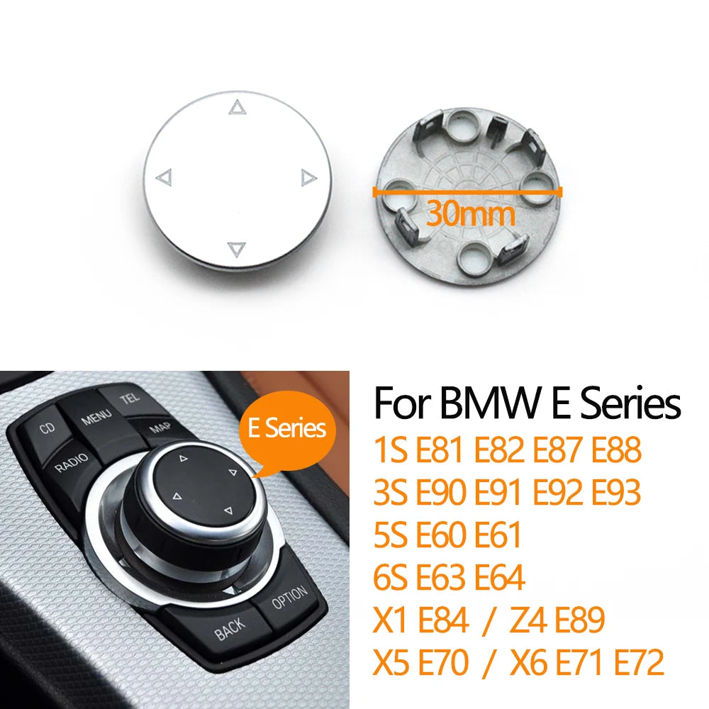 Cache du bouton rotatif iDrive CIC BMW blanc avec dimensions et aperçu du rendu monté Cache du bouton rotatif iDrive CIC BMW blanc avec dimensions et aperçu du rendu monté