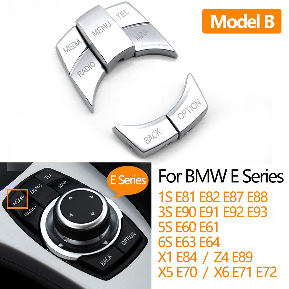 Caches boutons iDrive CIC BMW argent modèle B avec aperçu du rendu monté
