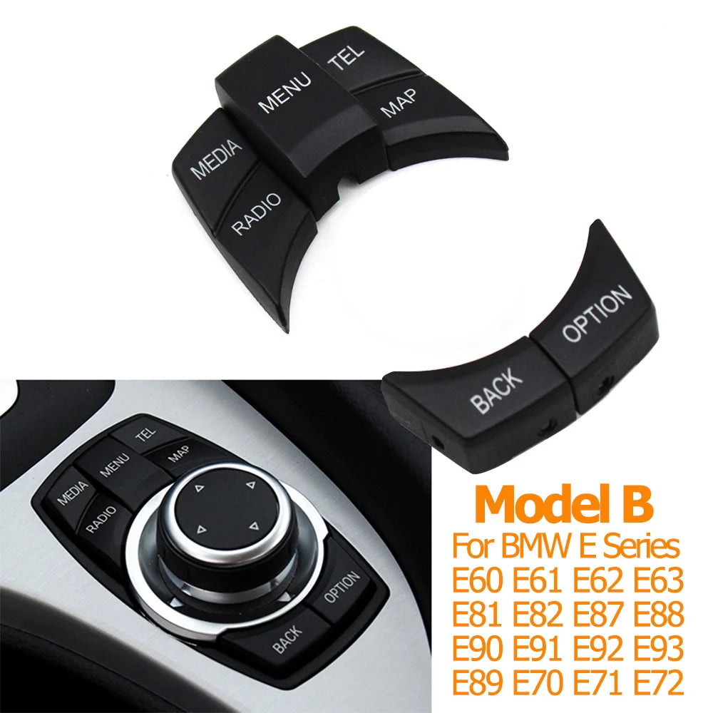 Caches boutons iDrive CIC BMW noirs pour modèle B avec aperçu du rendu monté Caches boutons iDrive CIC BMW noirs pour modèle B avec aperçu du rendu monté