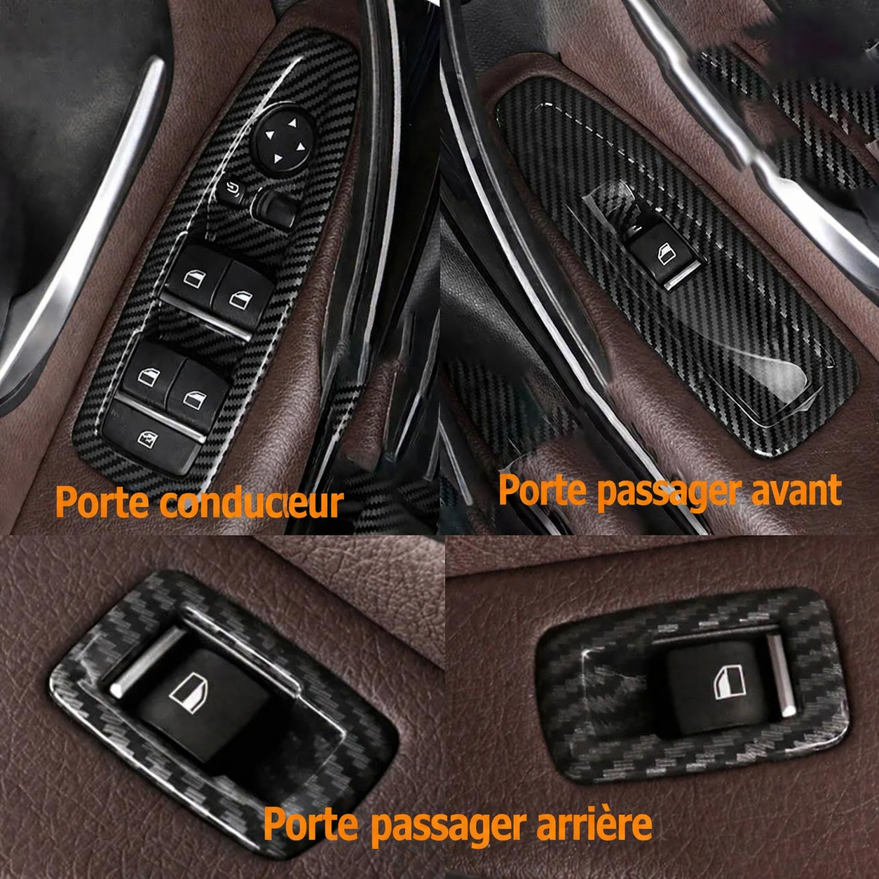 Aperçu des caches boutons de vitres BMW montés sur les différentes portes de l’habitacle