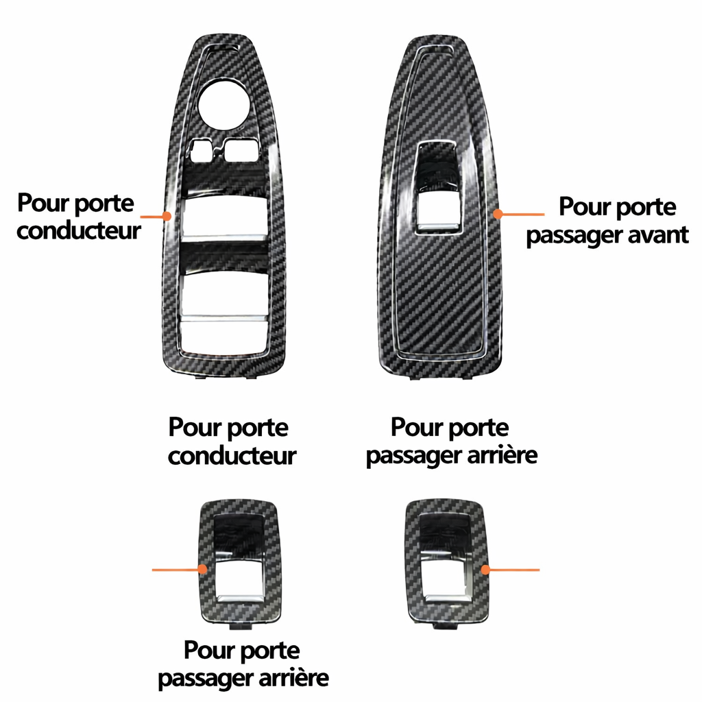 Répartition des caches boutons de vitres BMW selon porte conducteur, passager avant et arrière Répartition des caches boutons de vitres BMW selon porte conducteur, passager avant et arrière