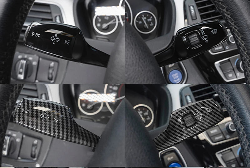Montage photo montrant plusieurs vues du cache de commandes de volant BMW finition carbone installé dans l’habitacle