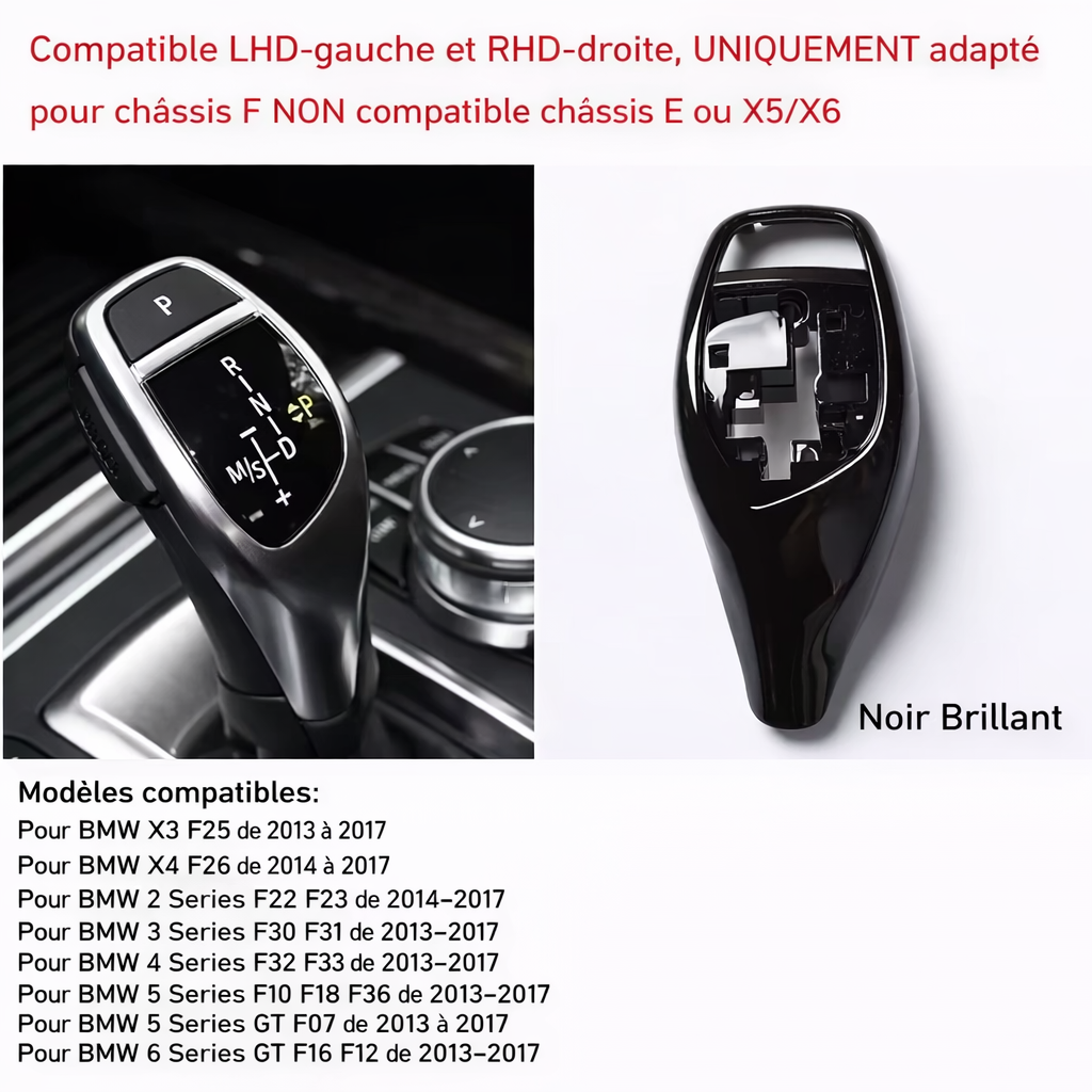 Cache de levier BMW noir brillant compatible LHD et RHD avec visuel de compatibilité