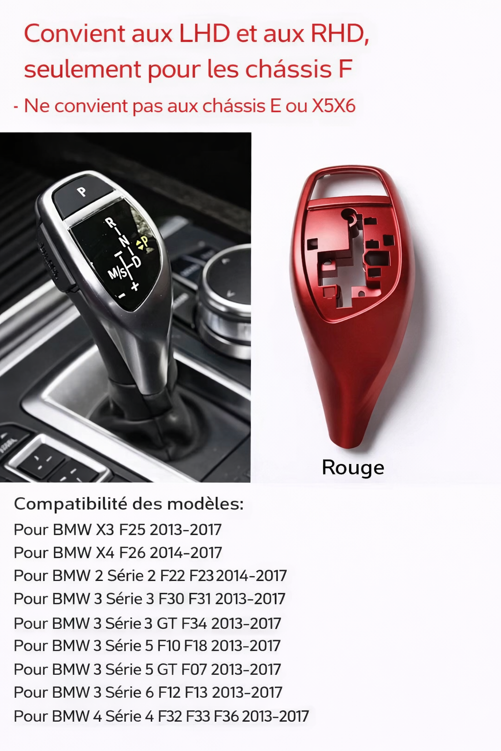 Cache de levier BMW rouge compatible LHD et RHD avec visuel de montage Cache de levier BMW rouge compatible LHD et RHD avec visuel de montage