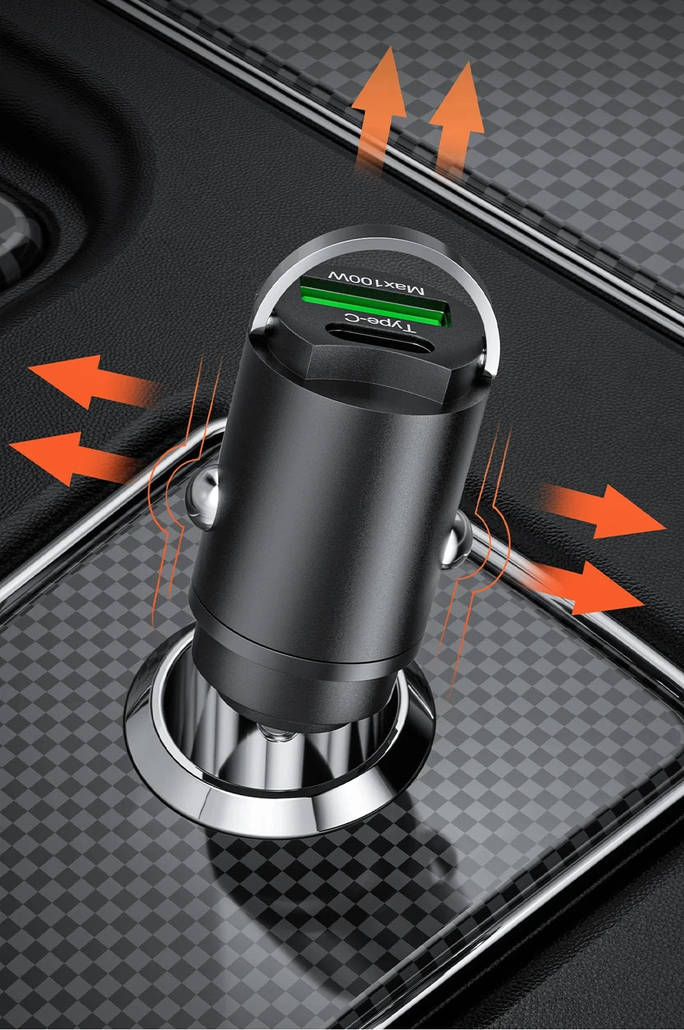 Chargeur voiture USB-C 100W mini avec aperçu du retrait facile hors de la prise