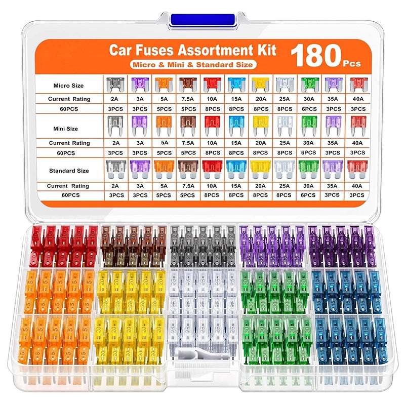 Contenu du coffret de fusibles automobiles assortiment mini, standard et micro 180 pièces
