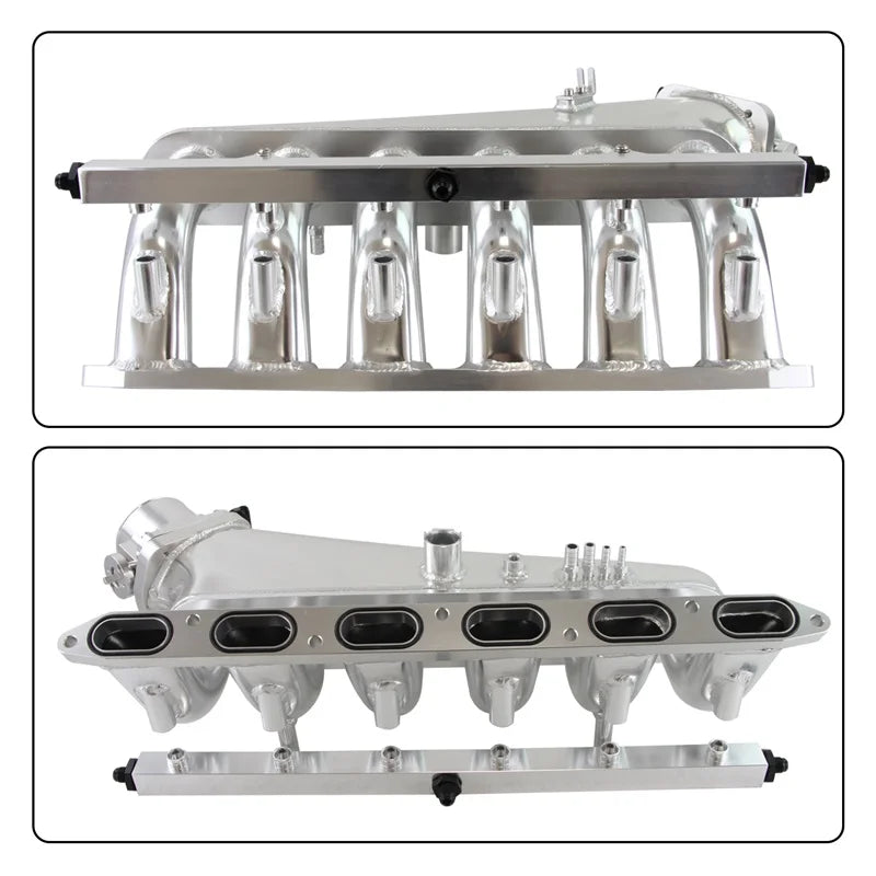 Vue avant et dessous du collecteur d’admission aluminium argent pour BMW M50 M52 S50 S52