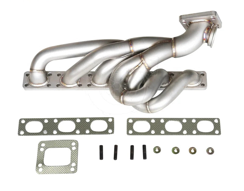 Collecteur turbo position haute T3 T4 BMW en inox 304 vu en biais avec joints et visserie