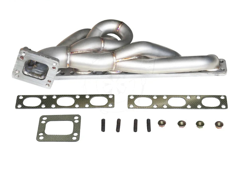 Vue latérale du collecteur turbo position haute T3 T4 BMW inox 304 avec accessoires de montage