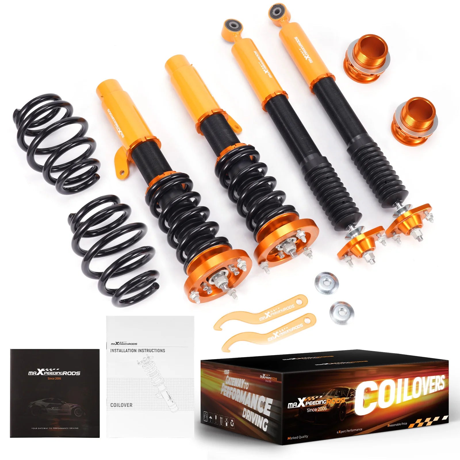 Éléments du kit de combinés filetés BMW E46 propulsion avec accessoires et boîte
