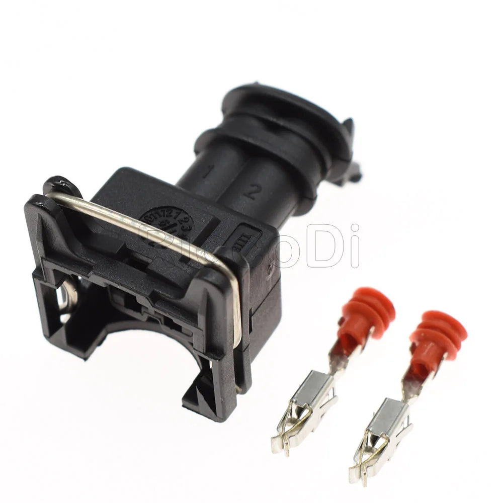 Connecteur injecteur EV1 JPT 2 broches 282189-1 noir vue de côté avec accessoires