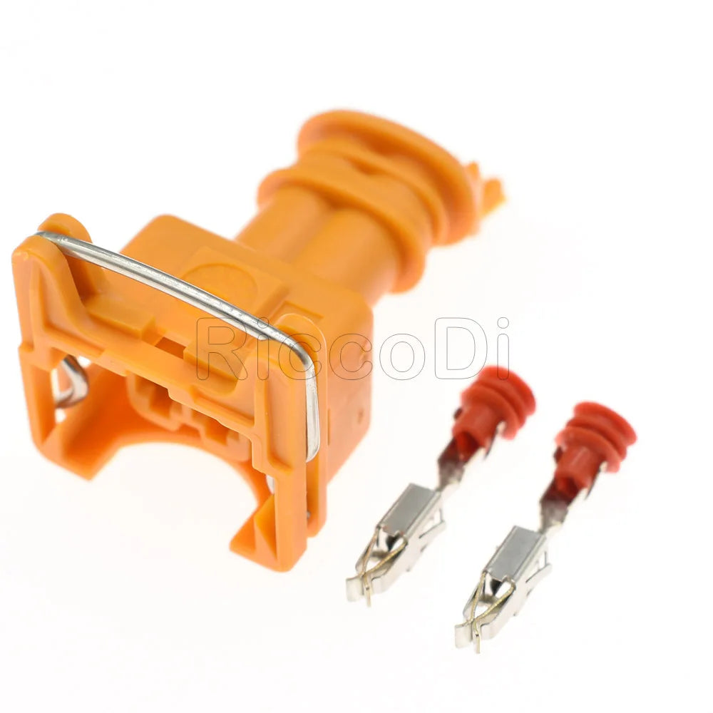 Connecteur injecteur EV1 JPT 2 broches 282189-1 orange vue de côté avec accessoires
