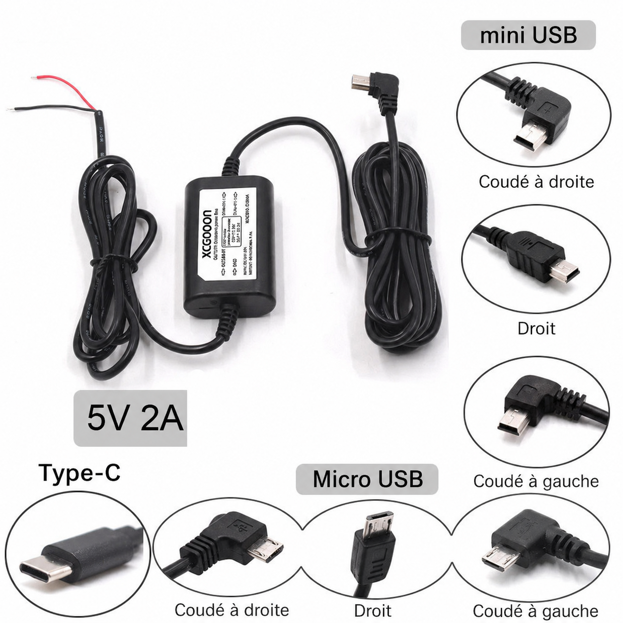Convertisseur voiture 12V vers 5V 2A avec câble hardwire USB mini, micro et Type-C pour dash cam