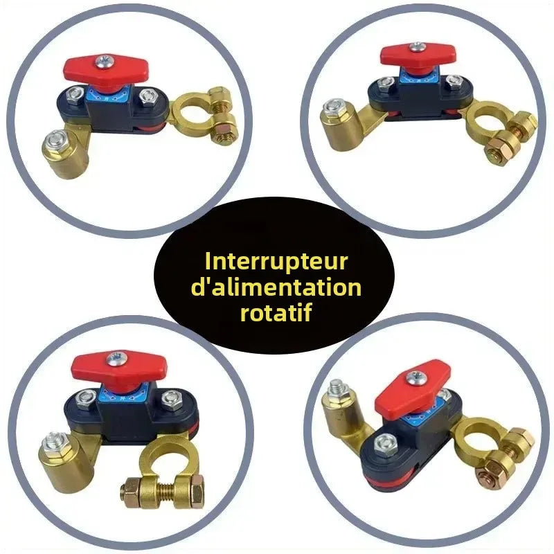 Coupe-batterie rotatif universel présenté sous plusieurs angles sur fond clair