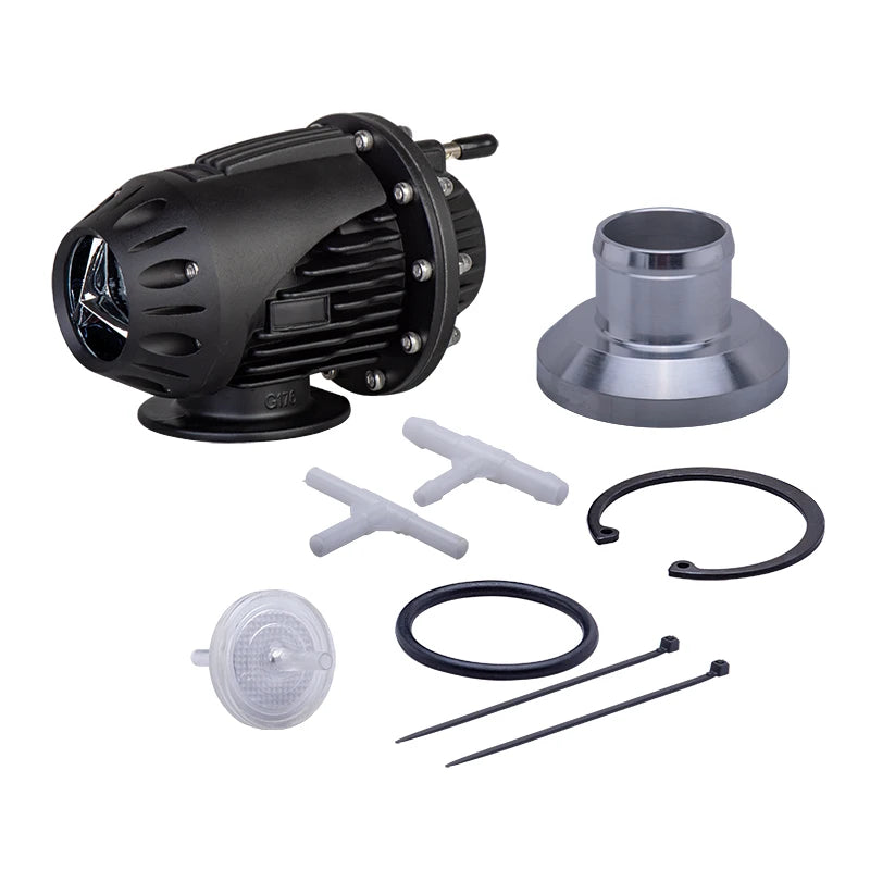 Dump valve type HKS SQV noire avec bride, joints et accessoires de montage