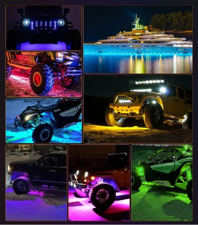 Exemples d’installation du kit Auxbeam RGB underbody rock lights sur différents véhicules