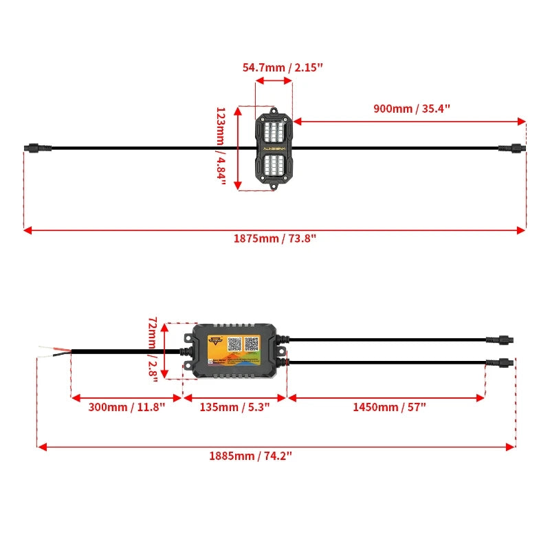 Schéma des dimensions du faisceau et du module du kit Auxbeam RGB underbody rock lights