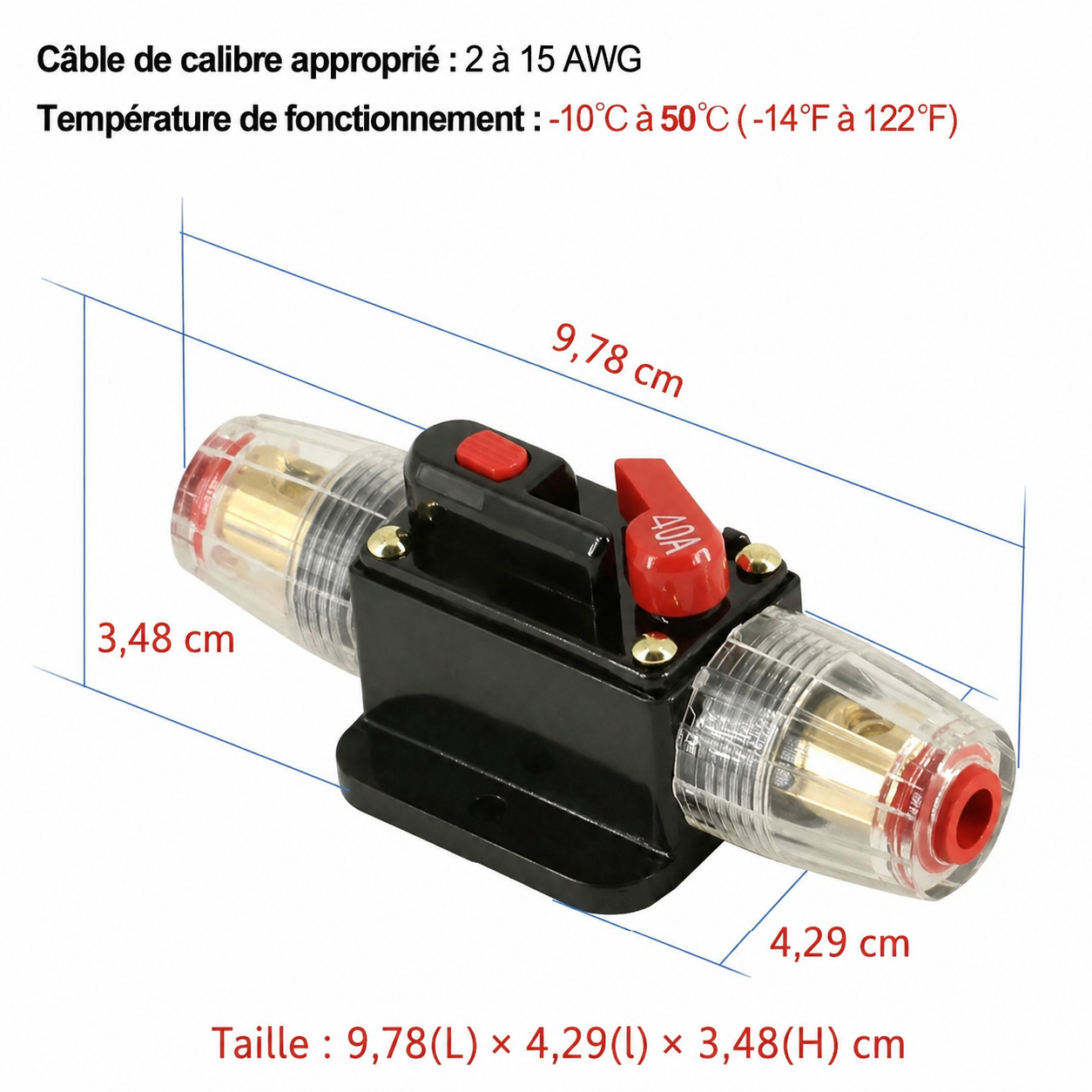 Dimensions globales du fusible disjoncteur réarmable 12V transparent
