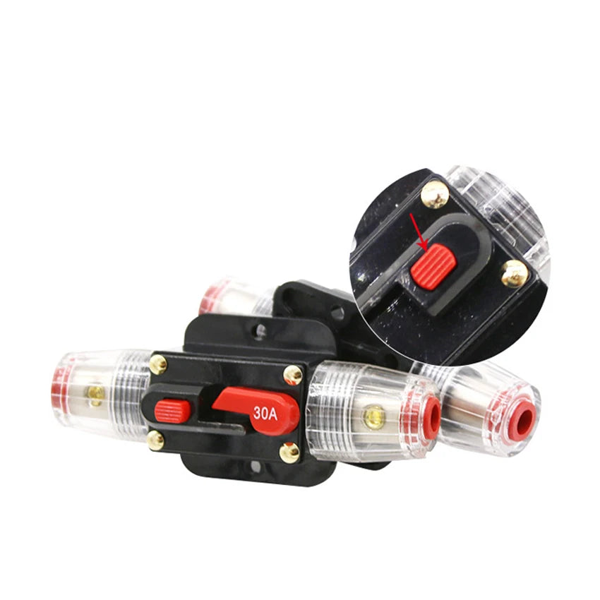 Vue en angle du fusible disjoncteur réarmable 12V en plusieurs positions