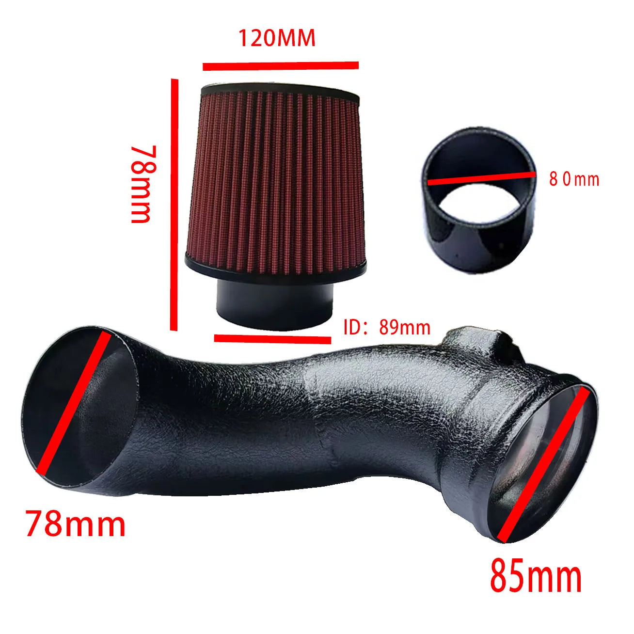 Dimensions du filtre et de la durite du kit admission BMW Série 1 2 3 4 moteur 2.0T B48