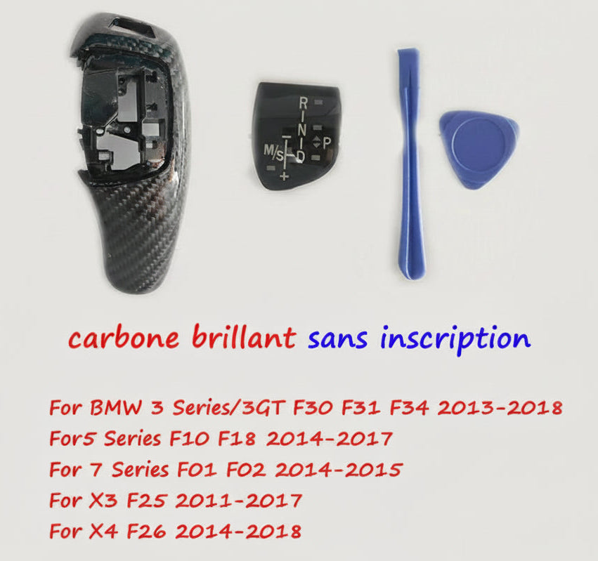 Kit de pommeau BMW finition carbone brillant sans inscription avec accessoires de démontage et texte de compatibilité