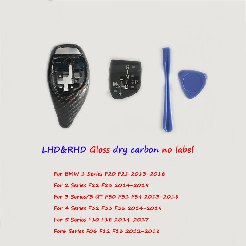 Kit de pommeau BMW en finition gloss dry carbon sans inscription compatible LHD et RHD, avec accessoires et compatibilités affichées